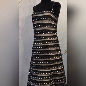 Unique Mixed Fabric Striped Polka Dot A Line Midi Tulle Skirt Strap Dress